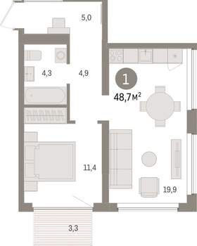 1-к квартира, вторичка, 49м2, 3/9 этаж