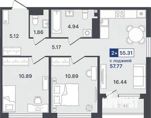 2-к квартира, строящийся дом, 55м2, 3/8 этаж