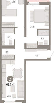 2-к квартира, вторичка, 70м2, 9/25 этаж