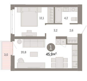 1-к квартира, вторичка, 46м2, 7/25 этаж