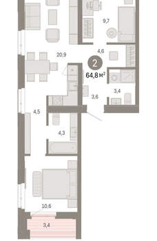 2-к квартира, вторичка, 65м2, 4/25 этаж