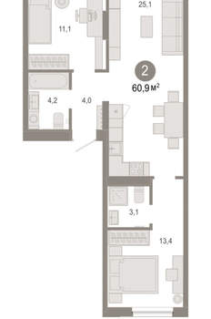 2-к квартира, вторичка, 61м2, 2/17 этаж