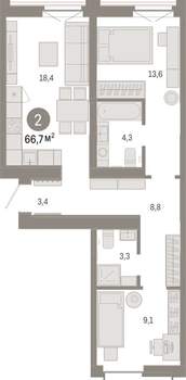 2-к квартира, вторичка, 67м2, 2/16 этаж