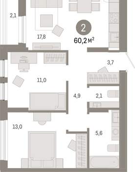 2-к квартира, вторичка, 60м2, 9/17 этаж