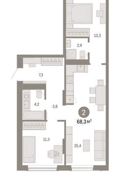 2-к квартира, вторичка, 68м2, 3/17 этаж