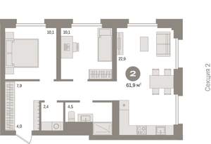 2-к квартира, вторичка, 62м2, 2/9 этаж