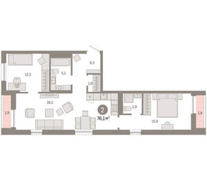 2-к квартира, вторичка, 76м2, 13/17 этаж