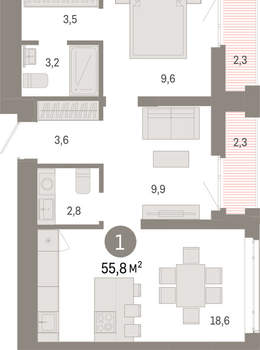 1-к квартира, вторичка, 56м2, 17/25 этаж