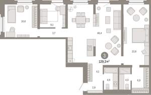 3-к квартира, вторичка, 129м2, 4/16 этаж