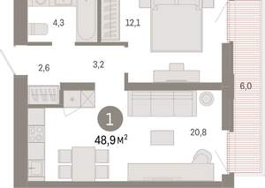 1-к квартира, вторичка, 49м2, 6/25 этаж