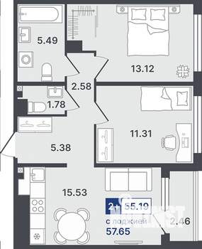 2-к квартира, строящийся дом, 55м2, 3/8 этаж