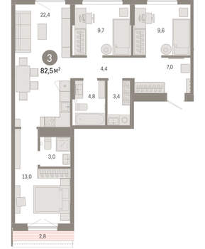 3-к квартира, вторичка, 82м2, 6/17 этаж