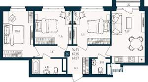 3-к квартира, строящийся дом, 68м2, 12/25 этаж
