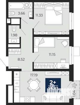 2-к квартира, вторичка, 55м2, 21/23 этаж