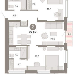 2-к квартира, вторичка, 75м2, 9/17 этаж