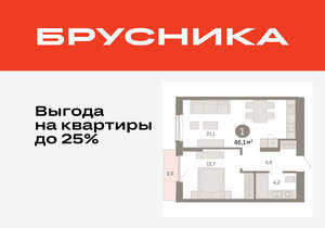 1-к квартира, вторичка, 46м2, 8/17 этаж