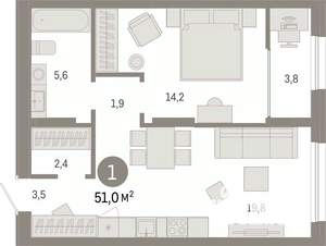 1-к квартира, вторичка, 51м2, 16/17 этаж