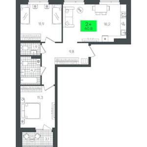 2-к квартира, строящийся дом, 61м2, 7/8 этаж