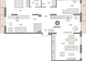 4-к квартира, вторичка, 124м2, 2/8 этаж