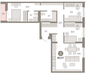 3-к квартира, вторичка, 87м2, 6/17 этаж