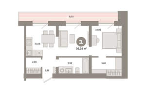 1-к квартира, вторичка, 56м2, 6/8 этаж