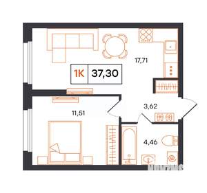 1-к квартира, строящийся дом, 37м2, 1/24 этаж