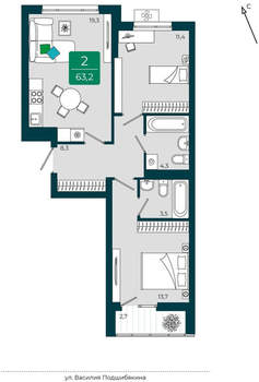 2-к квартира, вторичка, 63м2, 9/16 этаж