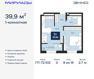 1-к квартира, вторичка, 40м2, 9/16 этаж