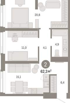 2-к квартира, вторичка, 62м2, 4/25 этаж