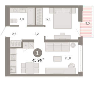 1-к квартира, вторичка, 46м2, 7/25 этаж