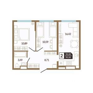 2-к квартира, вторичка, 50м2, 8/10 этаж