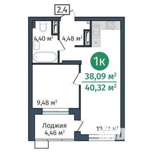 1-к квартира, вторичка, 38м2, 16/24 этаж