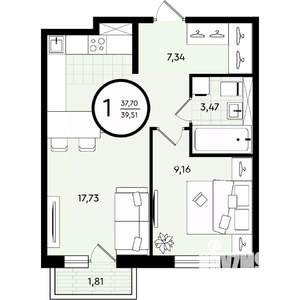 1-к квартира, строящийся дом, 40м2, 2/4 этаж