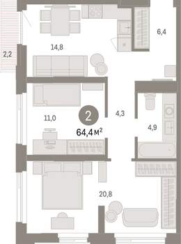 2-к квартира, вторичка, 64м2, 7/25 этаж