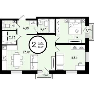 2-к квартира, вторичка, 64м2, 4/4 этаж