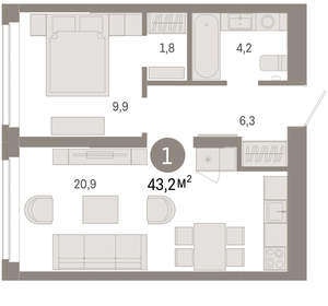 1-к квартира, вторичка, 43м2, 6/16 этаж