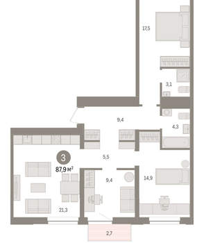 3-к квартира, вторичка, 88м2, 9/10 этаж