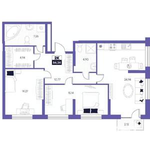 2-к квартира, строящийся дом, 84м2, 20/24 этаж