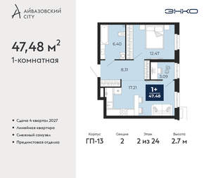1-к квартира, вторичка, 47м2, 2/24 этаж