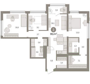 3-к квартира, вторичка, 99м2, 7/9 этаж