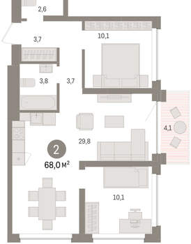 2-к квартира, вторичка, 68м2, 3/8 этаж