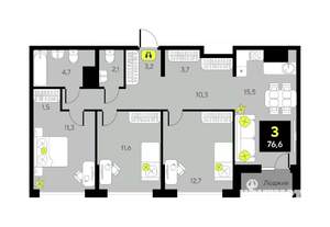 3-к квартира, вторичка, 77м2, 8/17 этаж