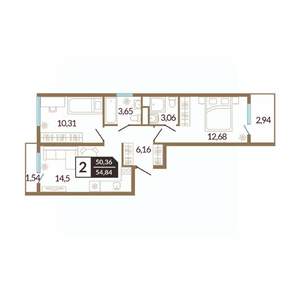 2-к квартира, вторичка, 55м2, 6/10 этаж