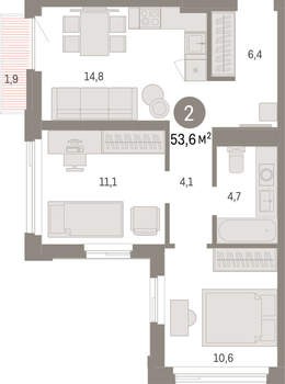 2-к квартира, вторичка, 54м2, 18/25 этаж