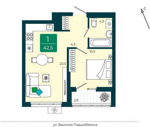 1-к квартира, вторичка, 43м2, 3/16 этаж