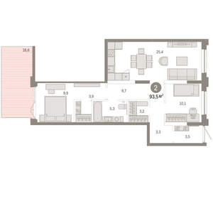 2-к квартира, вторичка, 94м2, 1/16 этаж