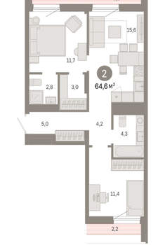 2-к квартира, вторичка, 65м2, 9/17 этаж