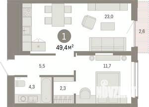 1-к квартира, вторичка, 49м2, 12/17 этаж