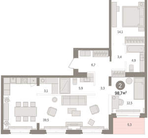 2-к квартира, вторичка, 99м2, 7/16 этаж
