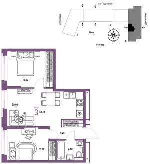 3-к квартира, строящийся дом, 52м2, 7/16 этаж